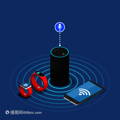 物联网等距图景 蓝色背景下互联生活的智能助手